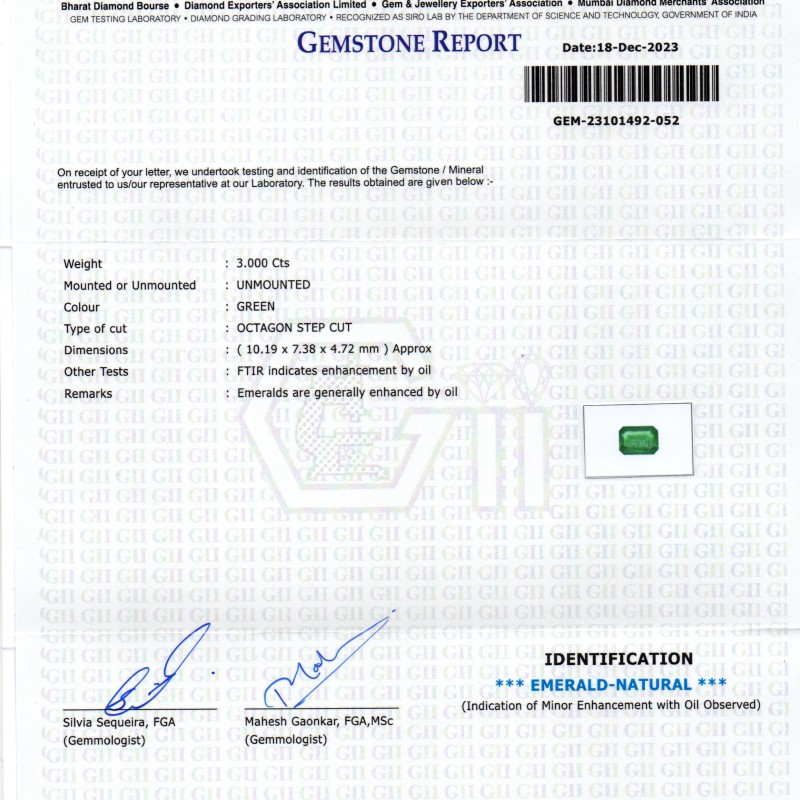 3.00 Ct GII Certified Untreated Natural Zambian Emerald Panna AAA