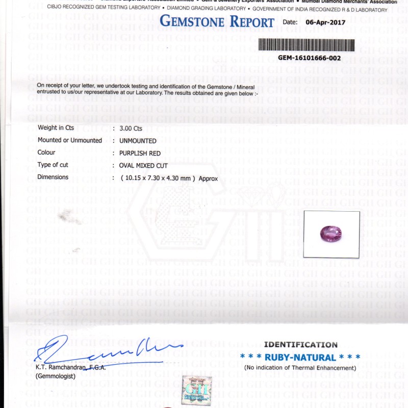3.00 Ct Certified Unheated Untreated Natural Madagaskar Ruby 3.00 Ct Certified Unheated Untreated Natural Madagaskar Ruby