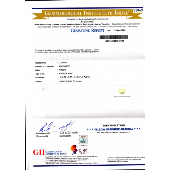 3.00 Ct GII Certified Unheated Untreated Natural Ceylon Yellow Sapphire