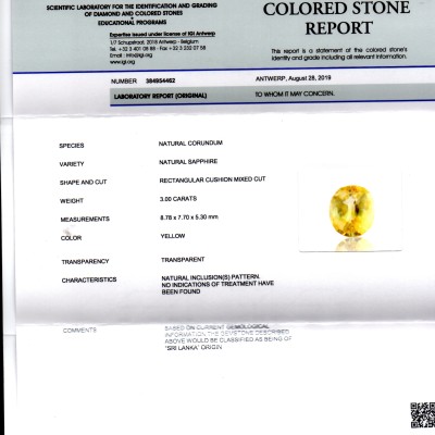 3.00 Ct IGI Certified Unheated Untreated Natural Ceylon Yellow Sapphire 3.00 Ct IGI Certified Unheated Untreated Natural Ceylon Yellow Sapphire