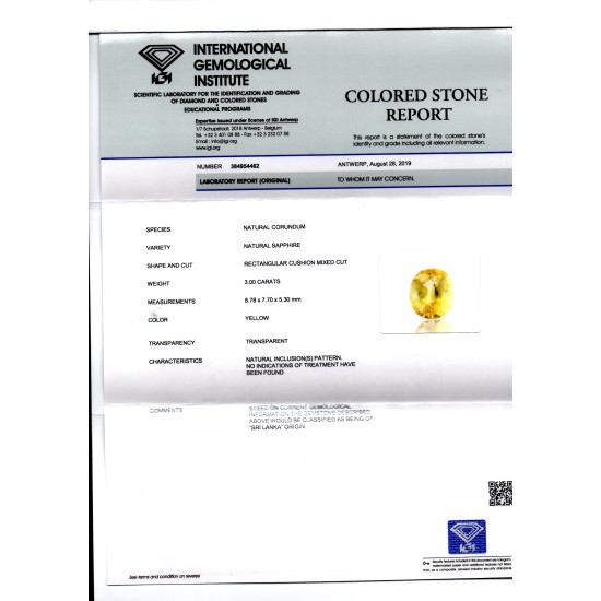 3.00 Ct IGI Certified Unheated Untreated Natural Ceylon Yellow Sapphire 3.00 Ct IGI Certified Unheated Untreated Natural Ceylon Yellow Sapphire