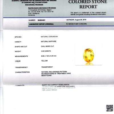 3.00 Ct IGI Certified Unheated Untreated Natural Ceylon Yellow Sapphire