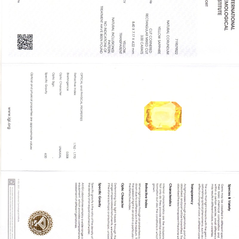 3.00 Ct IGI Certified Unheated Untreated Natural Ceylon Yellow Sapphire AAA