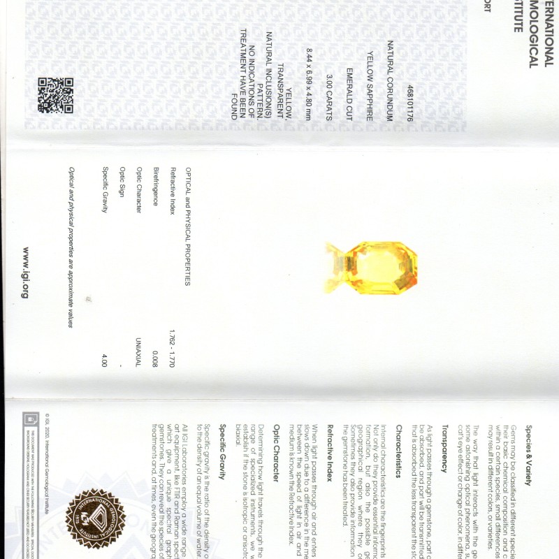 3.00 Ct IGI Certified Unheated Untreated Natural Ceylon Yellow Sapphire AAAAA 3.00 Ct IGI Certified Unheated Untreated Natural Ceylon Yellow Sapphire AAAAA