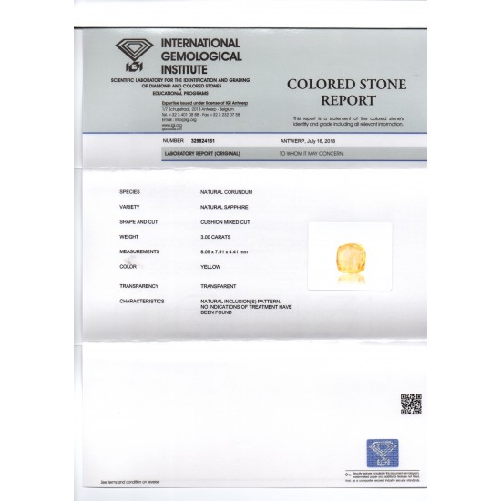 3.00 Ct IGI Certified Unheated Untreated Natural Ceylon Yellow Sapphire