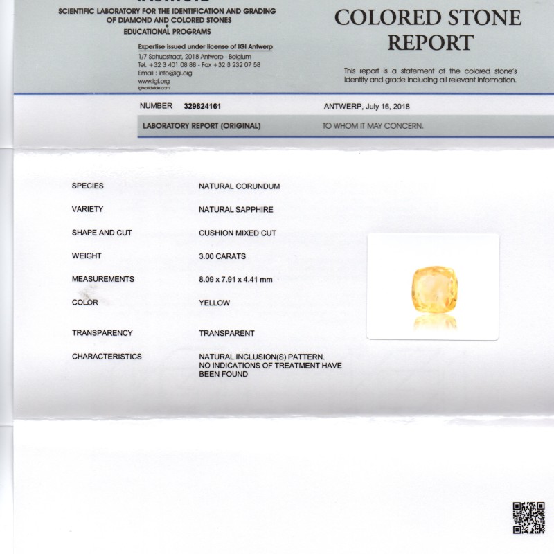3.00 Ct IGI Certified Unheated Untreated Natural Ceylon Yellow Sapphire