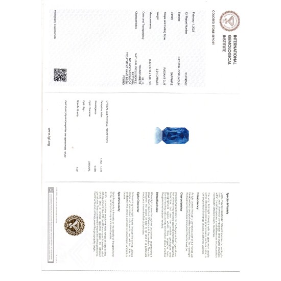 3.01 Ct IGI Certified Unheated Untreated Natural Ceylon Blue Sapphire AAA