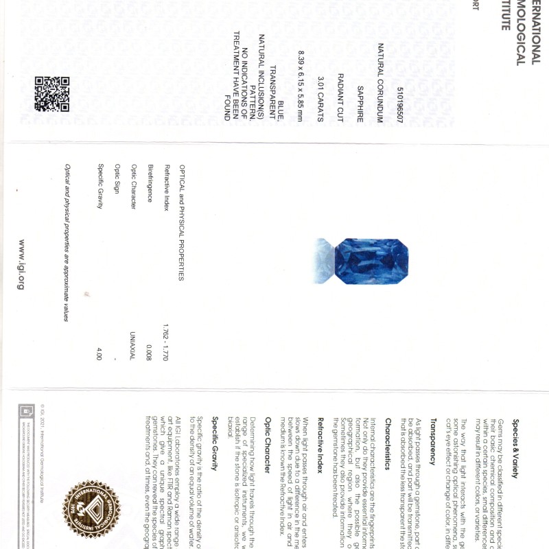 3.01 Ct IGI Certified Unheated Untreated Natural Ceylon Blue Sapphire AAA