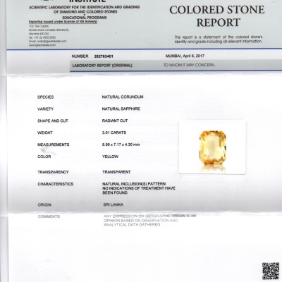 3.01 Ct IGI Certified Unheated Untreated Natural Ceylon Yellow Sapphire