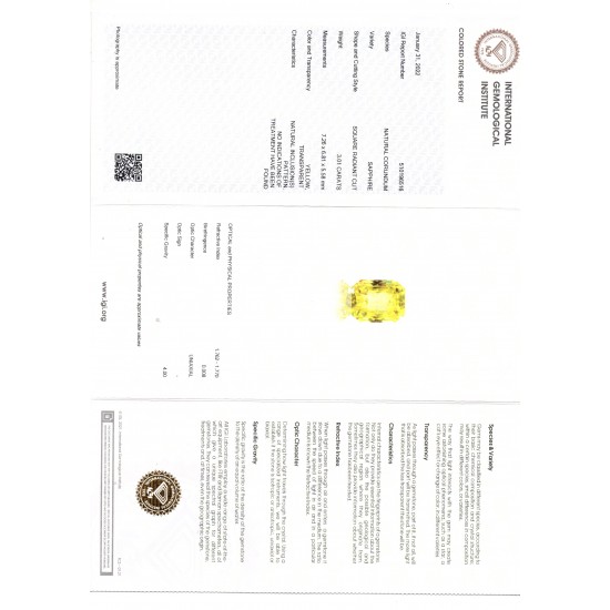 3.01 Ct IGI Certified Unheated Untreated Natural Ceylon Yellow Sapphire AAA