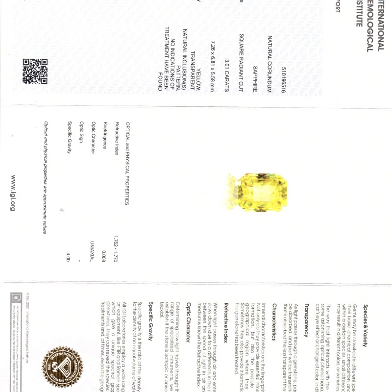 3.01 Ct IGI Certified Unheated Untreated Natural Ceylon Yellow Sapphire AAA