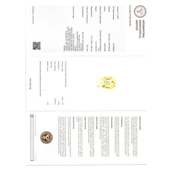 3.01 Ct IGI Certified Unheated Untreated Natural Ceylon Yellow Sapphire AAA