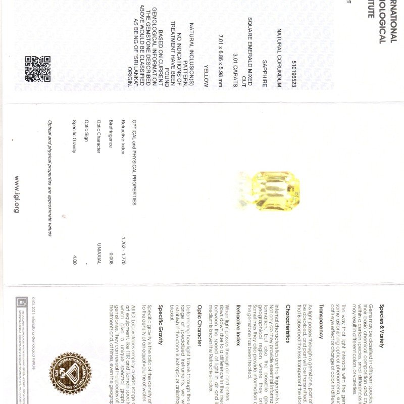 3.01 Ct IGI Certified Unheated Untreated Natural Ceylon Yellow Sapphire AAA