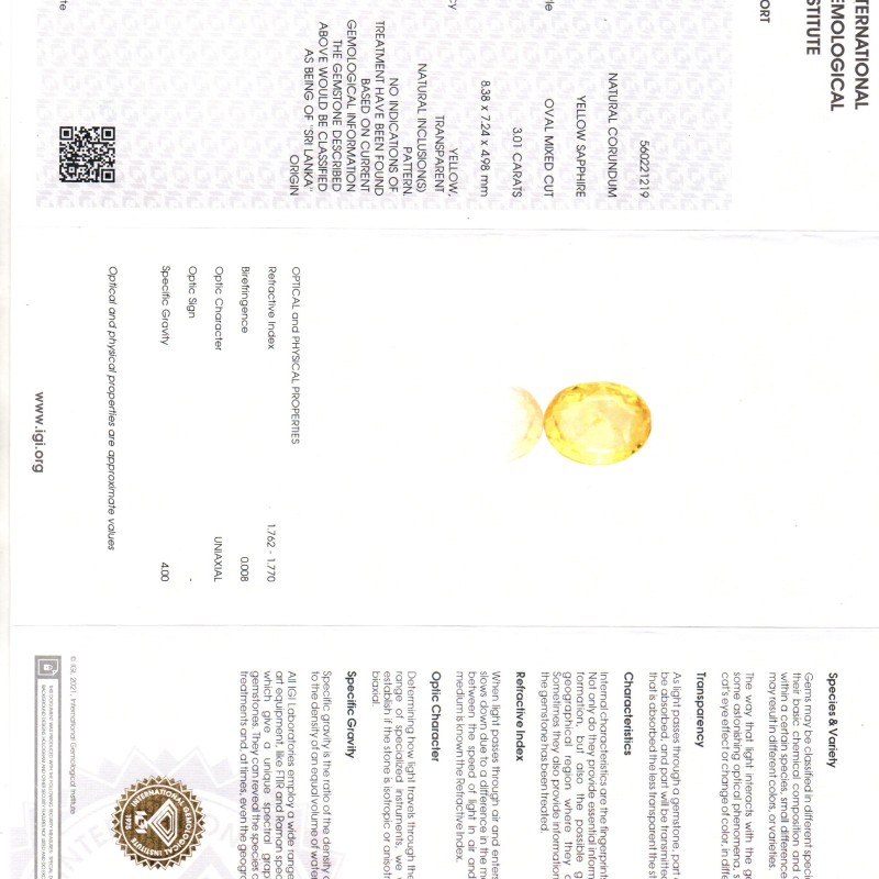 3.01 Ct IGI Certified Unheated Untreated Natural Ceylon Yellow Sapphire AAA