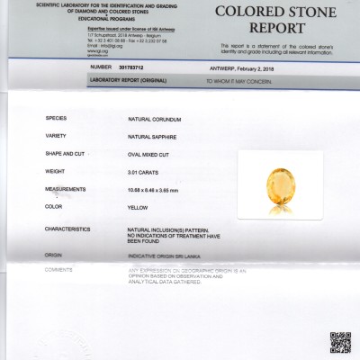 3.01 Ct IGI Certified Unheated Untreated Natural Ceylon Yellow Sapphire 3.01 Ct IGI Certified Unheated Untreated Natural Ceylon Yellow Sapphire
