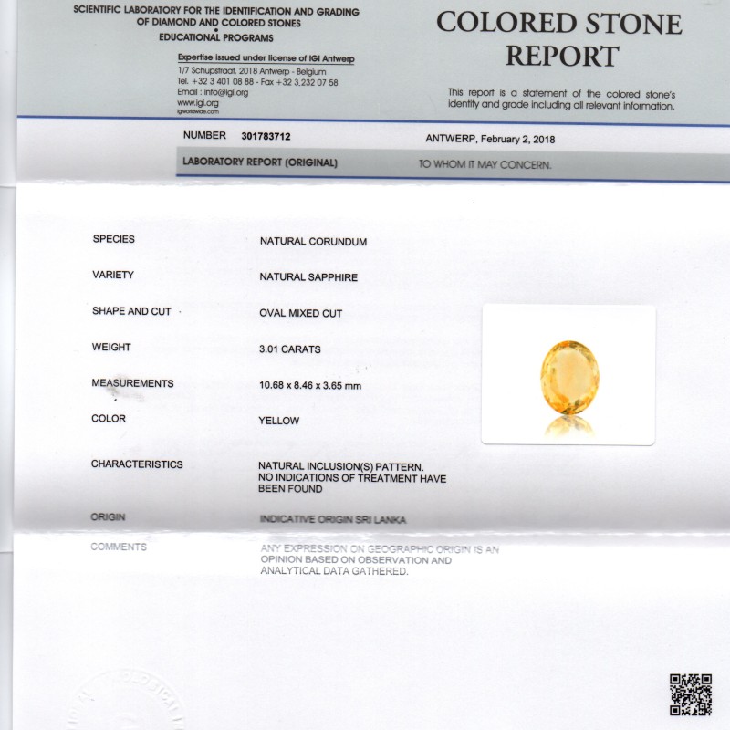 3.01 Ct IGI Certified Unheated Untreated Natural Ceylon Yellow Sapphire 3.01 Ct IGI Certified Unheated Untreated Natural Ceylon Yellow Sapphire