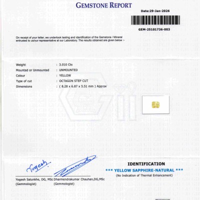 3.01 Ct GII Certified Unheated Untreated Natural Ceylon Yellow Sapphire Pukhraj AAA
