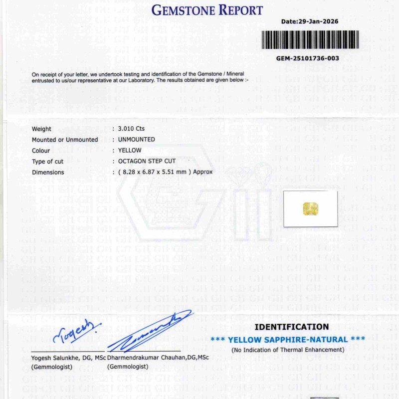 3.01 Ct GII Certified Unheated Untreated Natural Ceylon Yellow Sapphire Pukhraj AAA