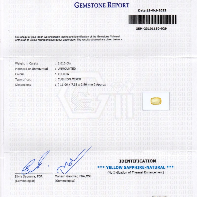 3.01 Ct GII Certified Unheated Untreated Natural Ceylon Yellow Sapphire 3.01 Ct GII Certified Unheated Untreated Natural Ceylon Yellow Sapphire