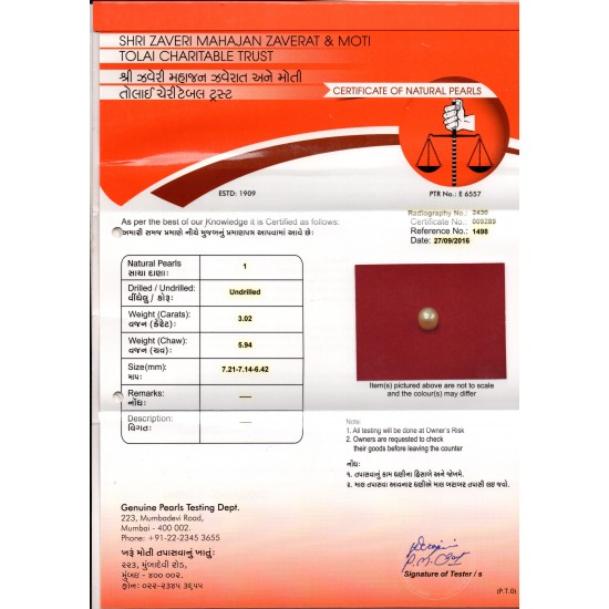 3.02 Ct 5.94 Chaw Natural Basra Pearl Real Basra Moti Certified