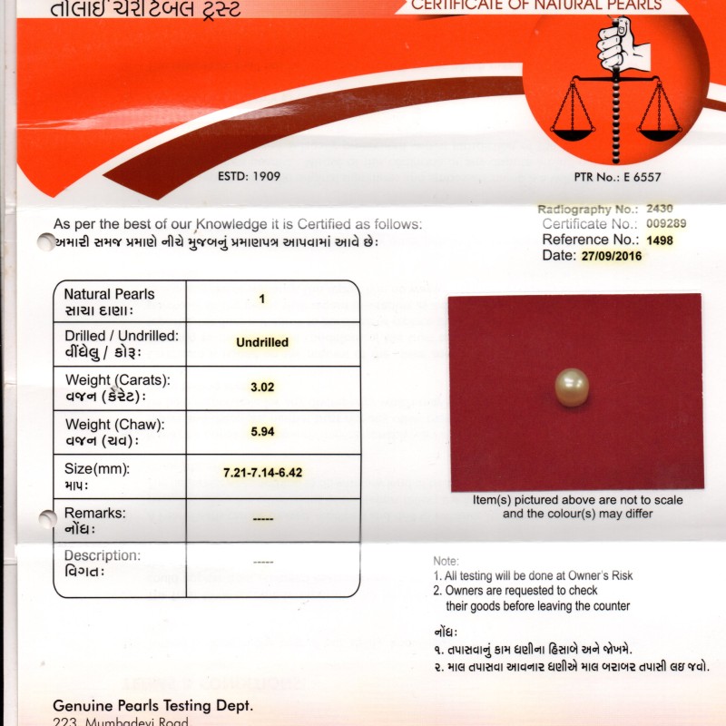 3.02 Ct 5.94 Chaw Natural Basra Pearl Real Basra Moti Certified 3.02 Ct 5.94 Chaw Natural Basra Pearl Real Basra Moti Certified