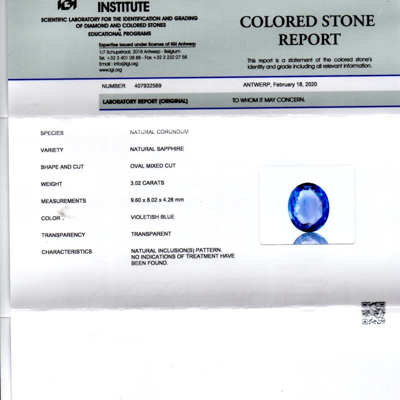 3.02 Ct IGI Certified Unheated Untreated Natural Ceylon Blue Sapphire AAA 3.02 Ct IGI Certified Unheated Untreated Natural Ceylon Blue Sapphire AAA