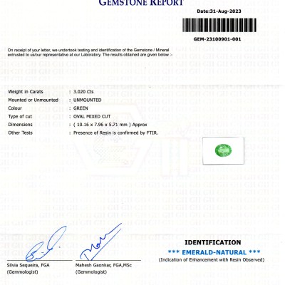 3.02 Ct GII Certified Untreated Natural Colombian Emerald Panna Gems