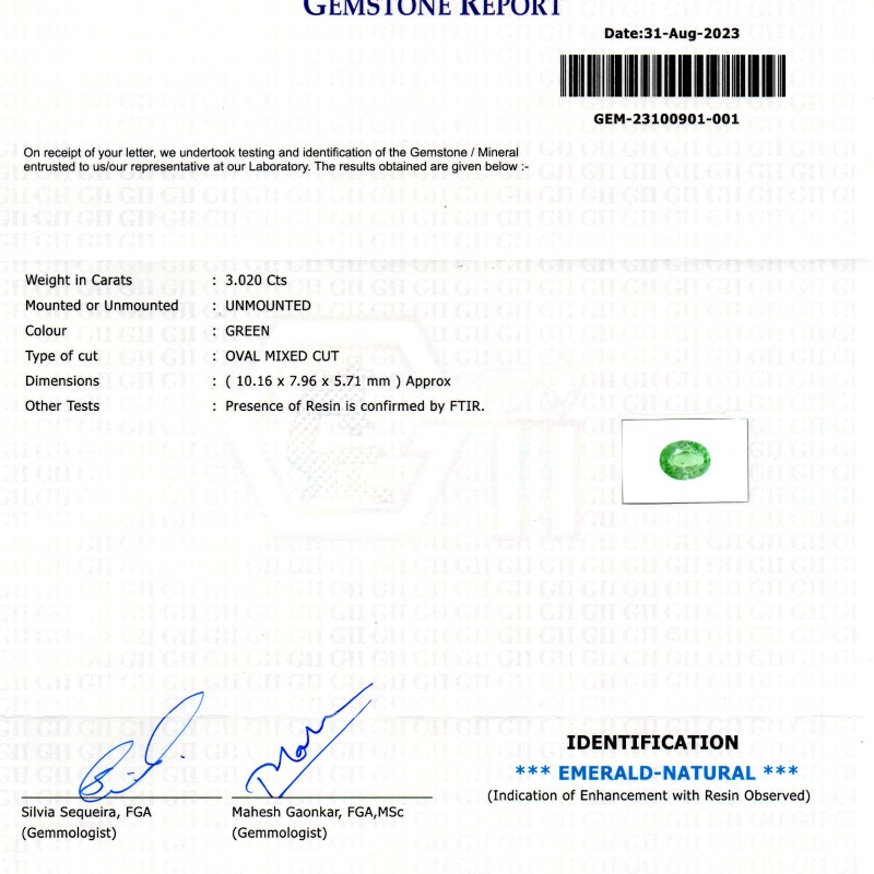 3.02 Ct GII Certified Untreated Natural Colombian Emerald Panna Gems