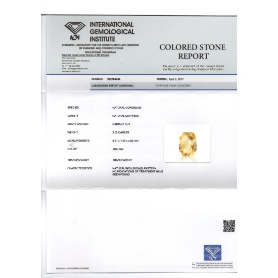 3.02 Ct IGI Certified Unheated Untreated Natural Ceylon Yellow Sapphire