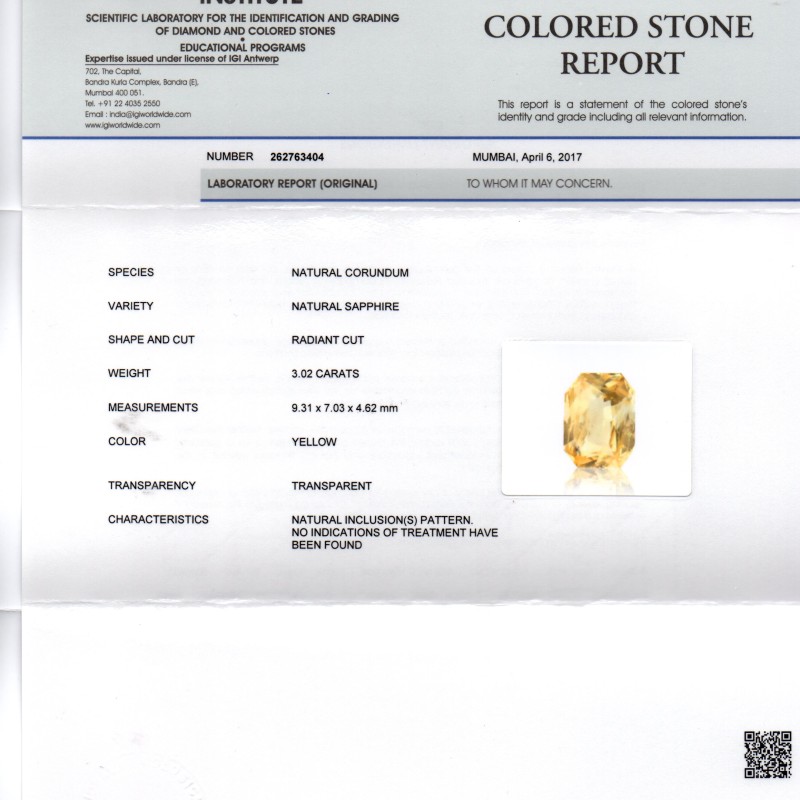 3.02 Ct IGI Certified Unheated Untreated Natural Ceylon Yellow Sapphire