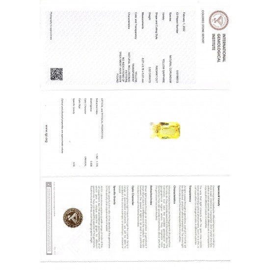3.02 Ct IGI Certified Unheated Untreated Natural Ceylon Yellow Sapphire AAA