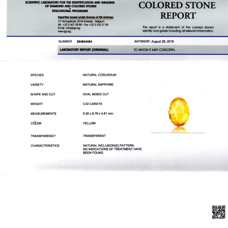 3.02 Ct IGI Certified Unheated Untreated Natural Ceylon Yellow Sapphire 3.02 Ct IGI Certified Unheated Untreated Natural Ceylon Yellow Sapphire