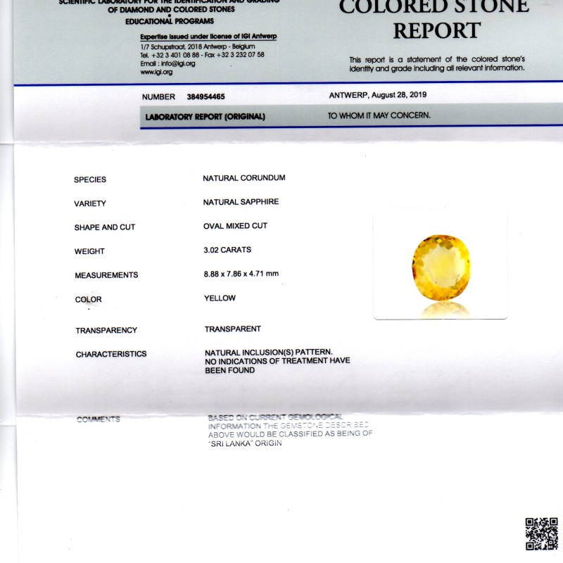 3.02 Ct IGI Certified Unheated Untreated Natural Ceylon Yellow Sapphire 3.02 Ct IGI Certified Unheated Untreated Natural Ceylon Yellow Sapphire