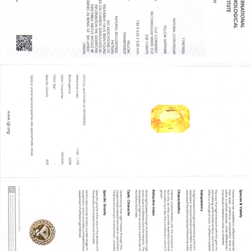 3.02 Ct IGI Certified Unheated Untreated Natural Ceylon Yellow Sapphire AAA