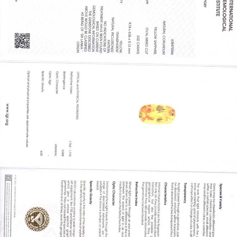3.02 Ct IGI Certified Unheated Untreated Natural Ceylon Yellow Sapphire AAA 3.02 Ct IGI Certified Unheated Untreated Natural Ceylon Yellow Sapphire AAA