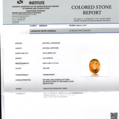 3.02 Ct IGI Certified Unheated Untreated Natural Ceylon Yellow Sapphire 3.02 Ct IGI Certified Unheated Untreated Natural Ceylon Yellow Sapphire
