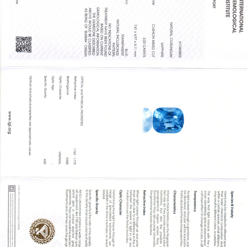 3.03 Ct IGI Certified Unheated Untreated Natural Burma Blue Sapphire 3.03 Ct IGI Certified Unheated Untreated Natural Burma Blue Sapphire