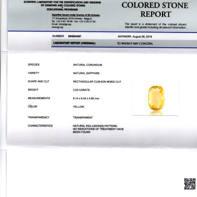 3.03 Ct IGI Certified Unheated Untreated Natural Ceylon Yellow Sapphire 3.03 Ct IGI Certified Unheated Untreated Natural Ceylon Yellow Sapphire
