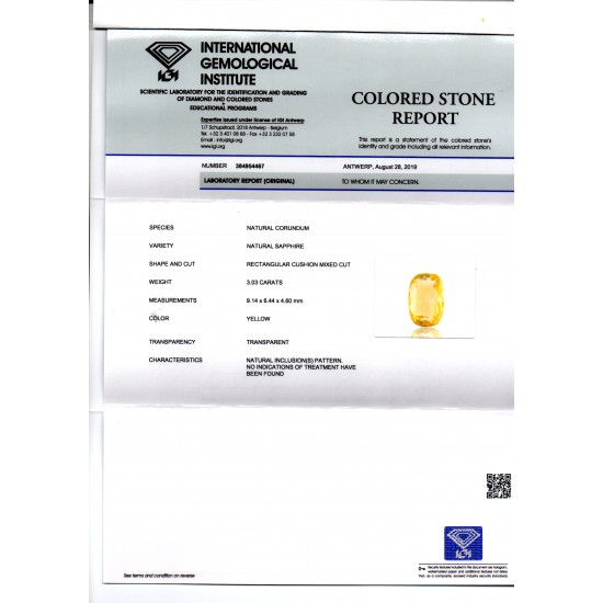 3.03 Ct IGI Certified Unheated Untreated Natural Ceylon Yellow Sapphire