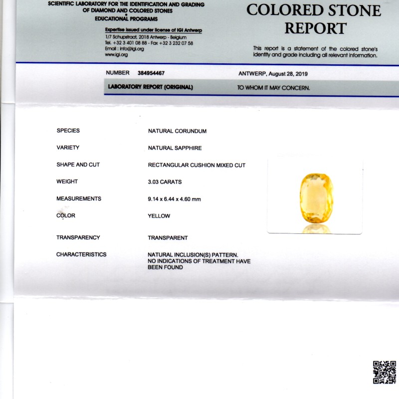 3.03 Ct IGI Certified Unheated Untreated Natural Ceylon Yellow Sapphire 3.03 Ct IGI Certified Unheated Untreated Natural Ceylon Yellow Sapphire