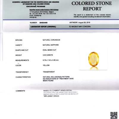 3.03 Ct IGI Certified Unheated Untreated Natural Ceylon Yellow Sapphire 3.03 Ct IGI Certified Unheated Untreated Natural Ceylon Yellow Sapphire