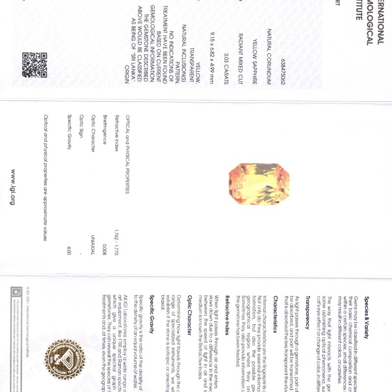 3.03 Ct IGI Certified Unheated Untreated Natural Ceylon Yellow Sapphire AAA 3.03 Ct IGI Certified Unheated Untreated Natural Ceylon Yellow Sapphire AAA