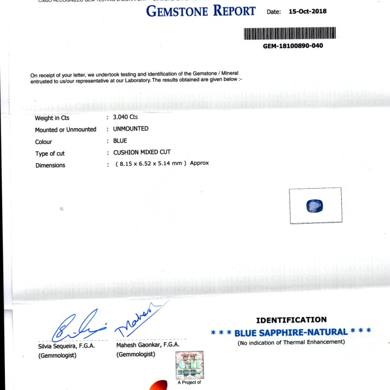 3.04 Ct IGI Certified Unheated Untreated Natural Ceylon Blue Sapphire AA 3.04 Ct IGI Certified Unheated Untreated Natural Ceylon Blue Sapphire AA
