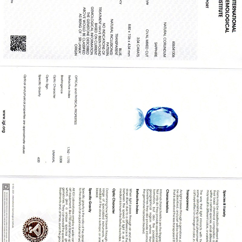 3.04 Ct IGI Certified Unheated Untreated Natural Ceylon Blue Sapphire AA 3.04 Ct IGI Certified Unheated Untreated Natural Ceylon Blue Sapphire AA
