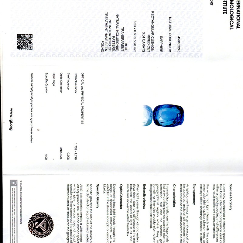 3.04 Ct IGI Certified Unheated Untreated Natural Ceylon Blue Sapphire AA 3.04 Ct IGI Certified Unheated Untreated Natural Ceylon Blue Sapphire AA