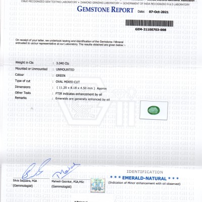 3.04 Ct GII Certified Untreated Natural Zambian Emerald Gemstones
