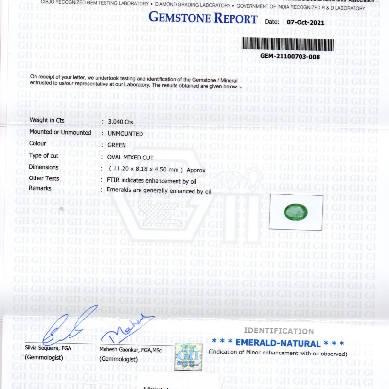 3.04 Ct GII Certified Untreated Natural Zambian Emerald Gemstones
