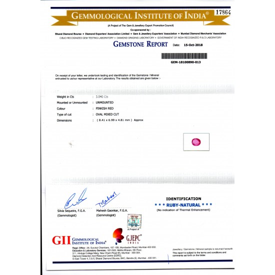 3.04 Ct GII Certified Unheated Untreated Natural Madagaskar Ruby AAAA