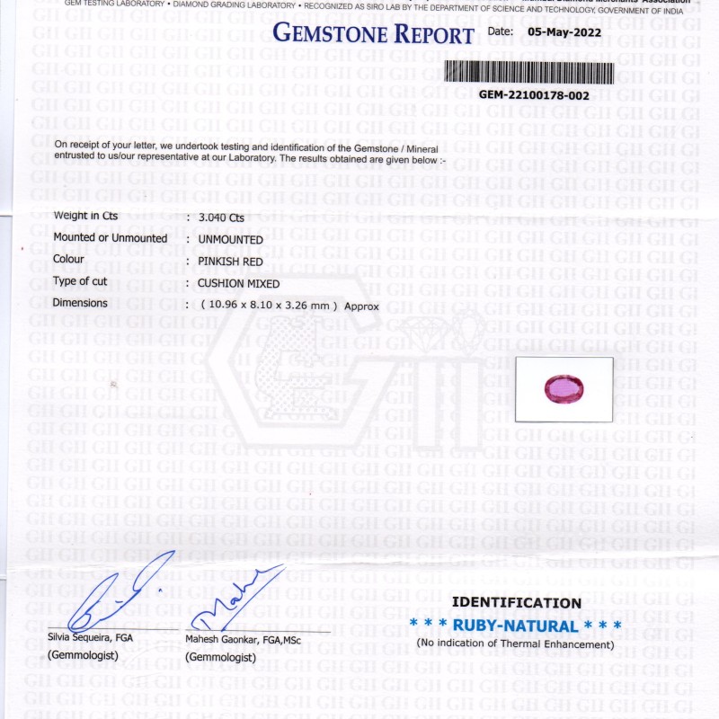 3.04 Ct GII Certified Unheated Untreted Natural Madagaskar Ruby AAA