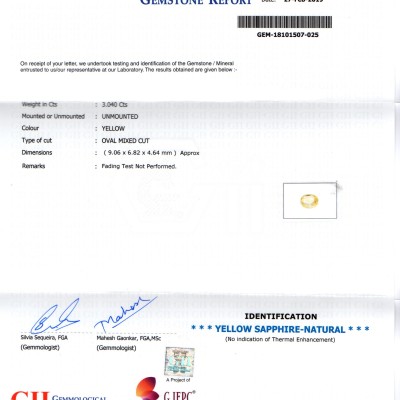 3.04 Ct GII Certified Unheated Untreated Natural Ceylon Yellow Sapphire